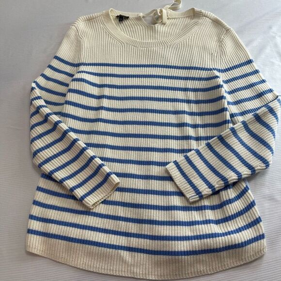 Talbots Womens MP Medium Petite Sweater Top White Blue Stripe Cotton Woven - Picture 1 of 8